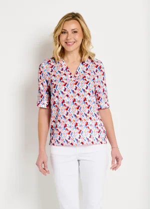 Straight V-neck tunic with short printed sleeves