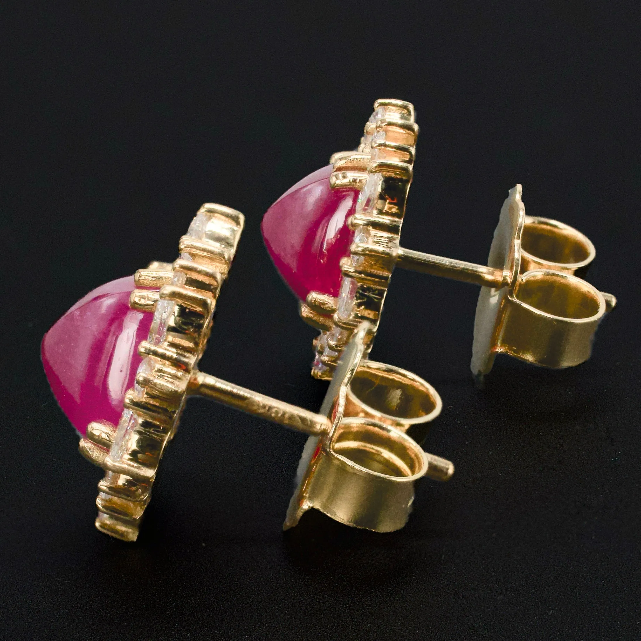 Sugarloaf Cabochon Ruby Stud Earrings with Diamonds in 18K Yellow Gold