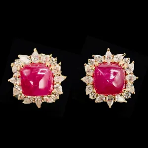 Sugarloaf Cabochon Ruby Stud Earrings with Diamonds in 18K Yellow Gold