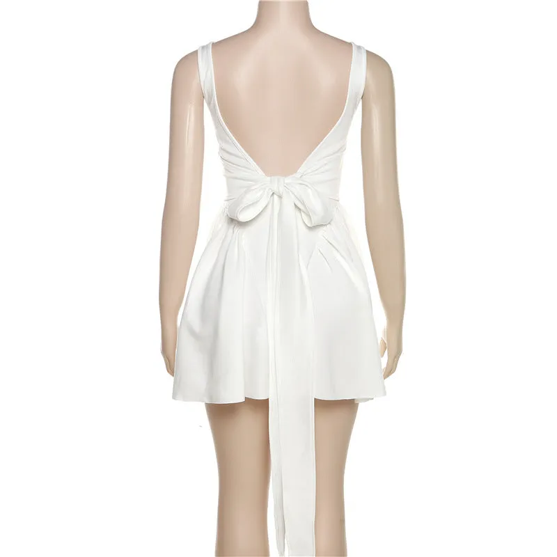 Summer New Women's Dress Sexy Open-back Strapped Bow Tie Evening Gown Dress for Women Pure White Open-back Dress  C-240710-2