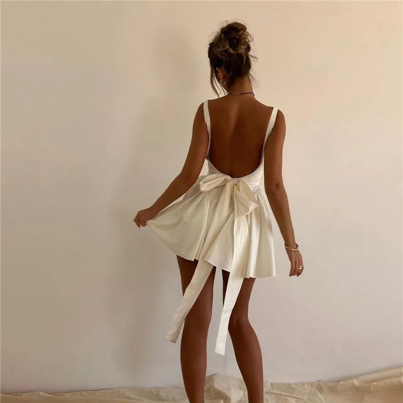 Summer New Women's Dress Sexy Open-back Strapped Bow Tie Evening Gown Dress for Women Pure White Open-back Dress  C-240710-2