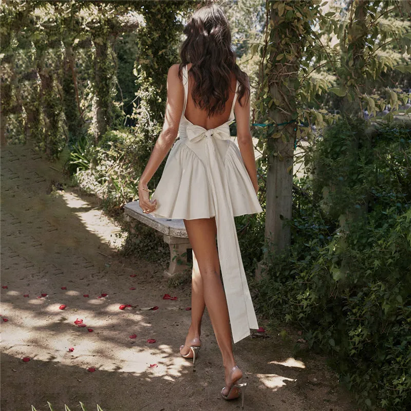 Summer New Women's Dress Sexy Open-back Strapped Bow Tie Evening Gown Dress for Women Pure White Open-back Dress  C-240710-2