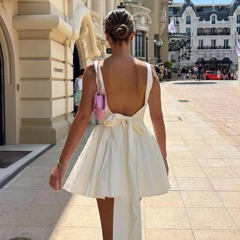 Summer New Women's Dress Sexy Open-back Strapped Bow Tie Evening Gown Dress for Women Pure White Open-back Dress  C-240710-2