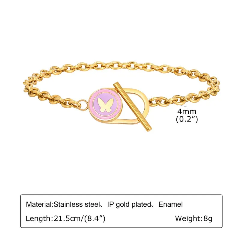Sweet Heart Shape Butterfly 304 Stainless Steel 18K Gold Plated Bracelet