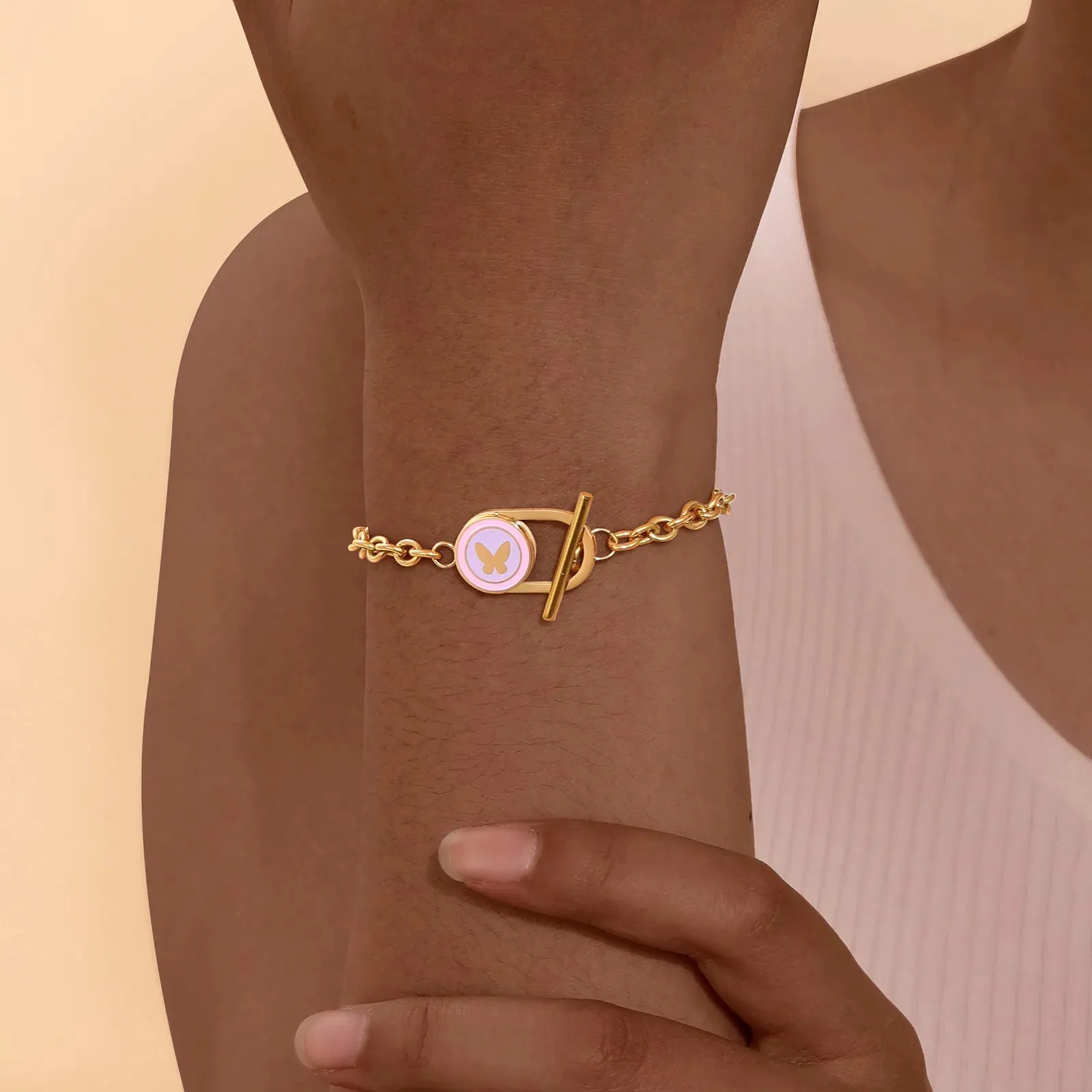 Sweet Heart Shape Butterfly 304 Stainless Steel 18K Gold Plated Bracelet