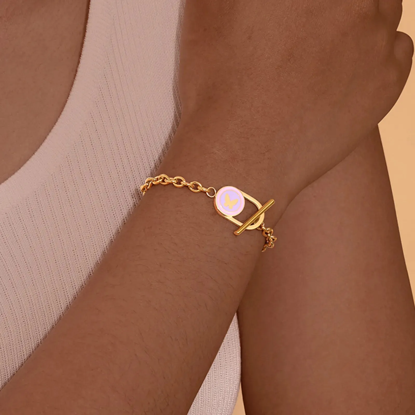 Sweet Heart Shape Butterfly 304 Stainless Steel 18K Gold Plated Bracelet