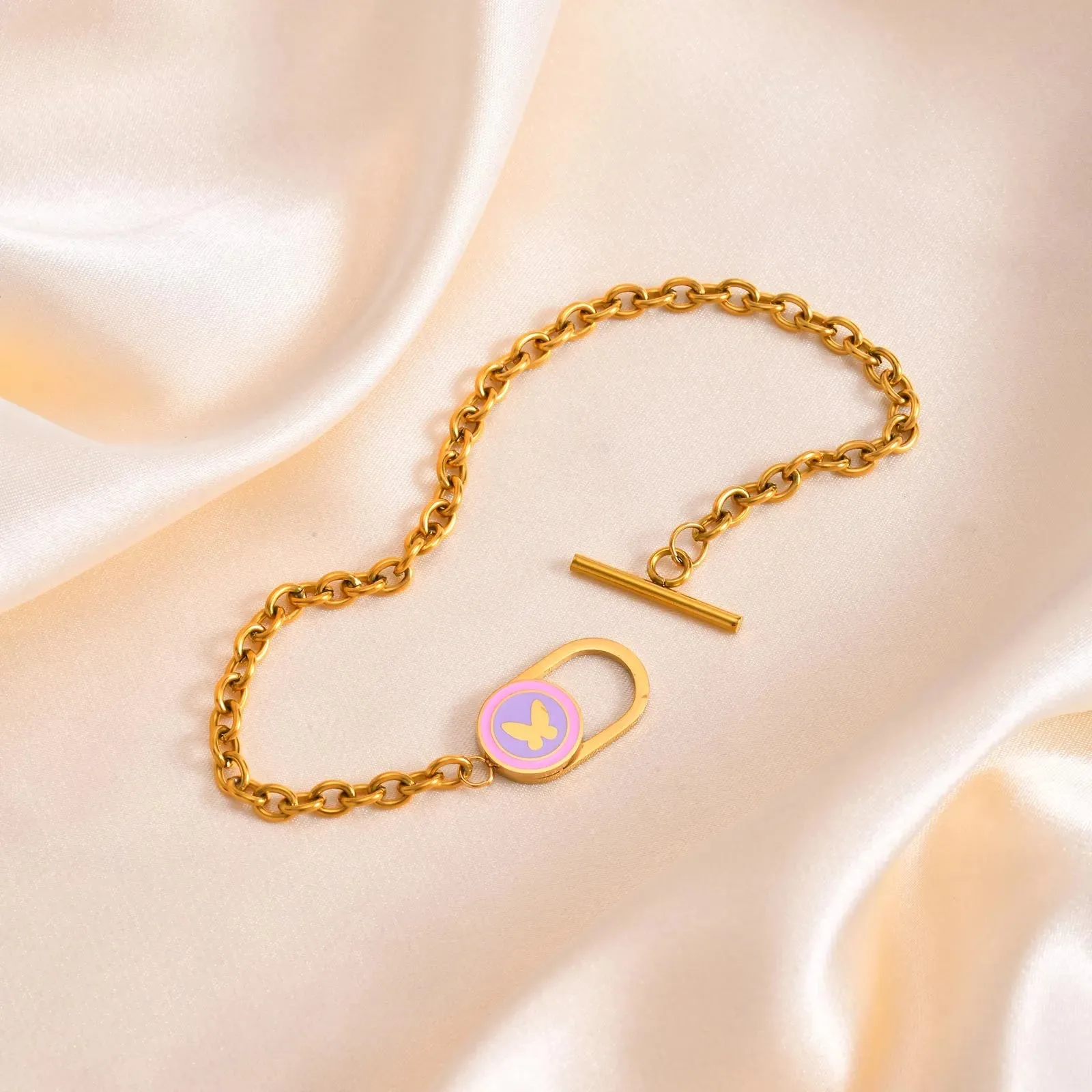 Sweet Heart Shape Butterfly 304 Stainless Steel 18K Gold Plated Bracelet