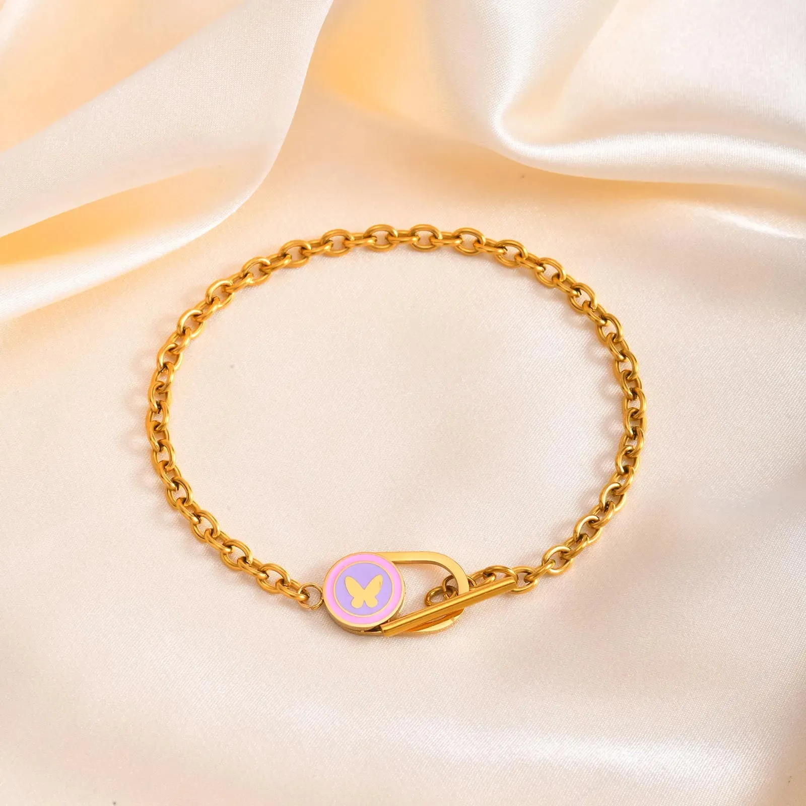 Sweet Heart Shape Butterfly 304 Stainless Steel 18K Gold Plated Bracelet