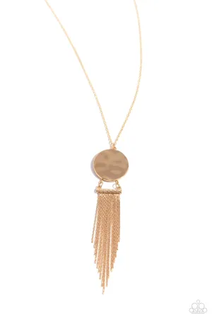 Tassel Tenure - Gold - Overesized Hammered Disc Chain Tassel Paparazzi Long Necklace