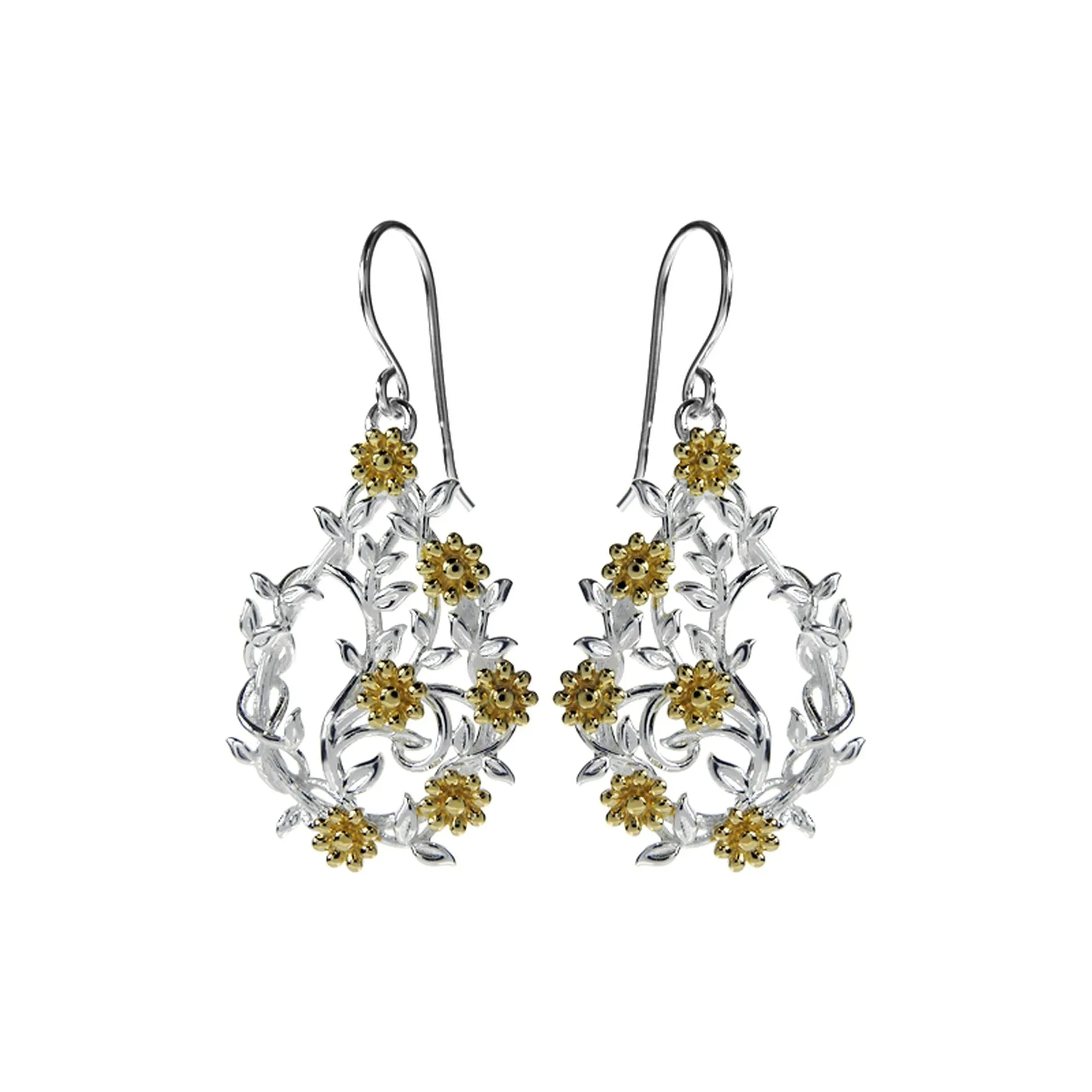 Teardrop climber earrings with yellow gold plated flowers