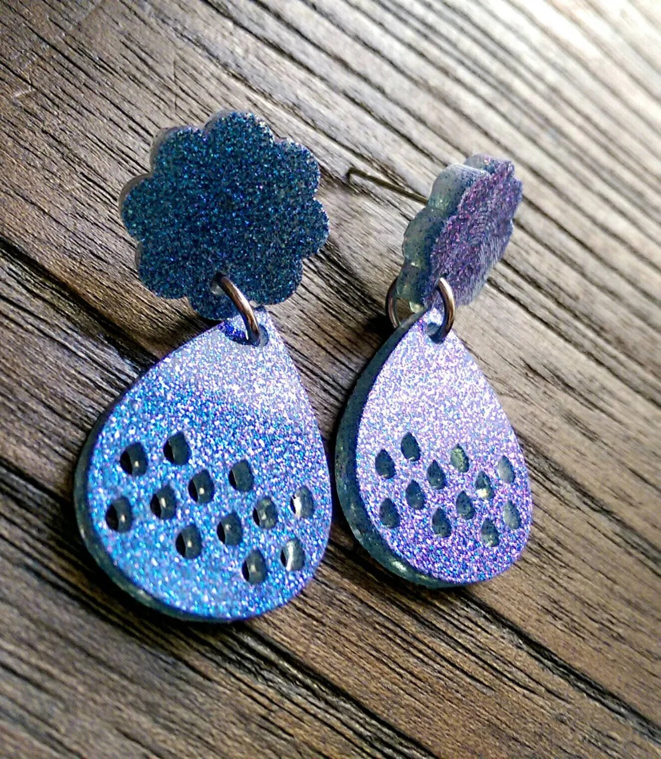 Teardrop Earrings, Cloud and droplet Statement Earrings,  Purple and Blue Shimmer Glitter Earrings, Stainless Steel Earrings