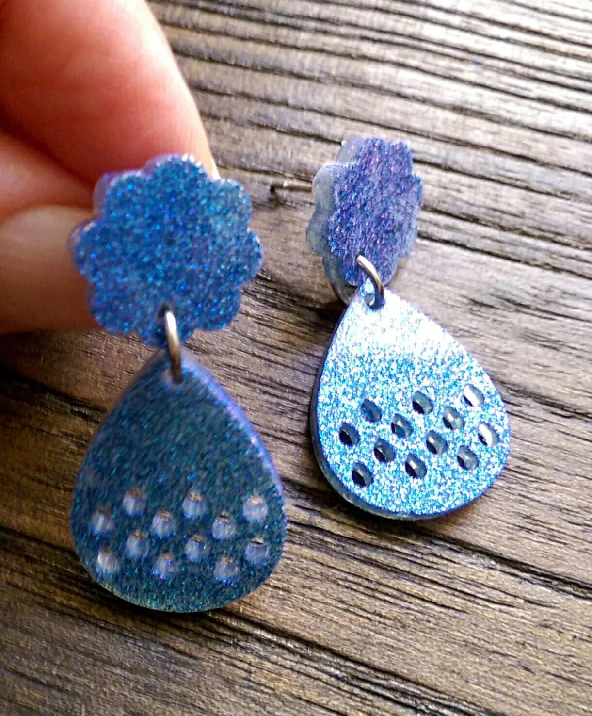 Teardrop Earrings, Cloud and droplet Statement Earrings,  Purple and Blue Shimmer Glitter Earrings, Stainless Steel Earrings