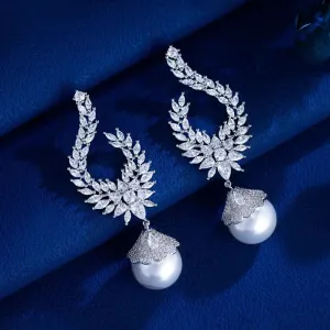ThreeGraces Elegant Shiny Cubic Zirconia Big Simulated Pearl Long Statement Bridal Earrings Women Wedding Party Jewelry