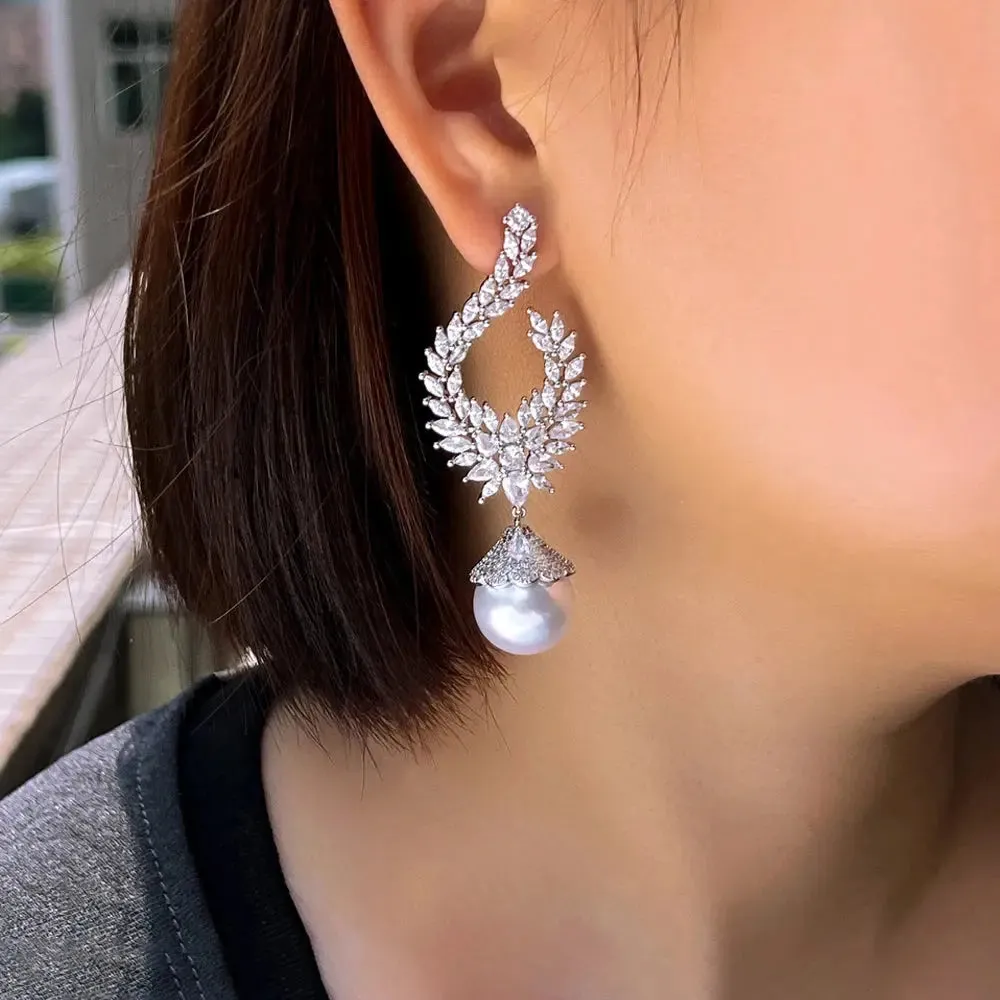ThreeGraces Elegant Shiny Cubic Zirconia Big Simulated Pearl Long Statement Bridal Earrings Women Wedding Party Jewelry