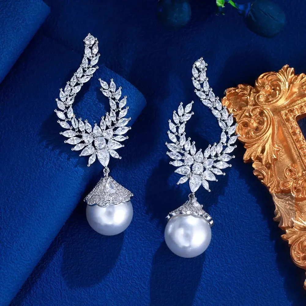 ThreeGraces Elegant Shiny Cubic Zirconia Big Simulated Pearl Long Statement Bridal Earrings Women Wedding Party Jewelry