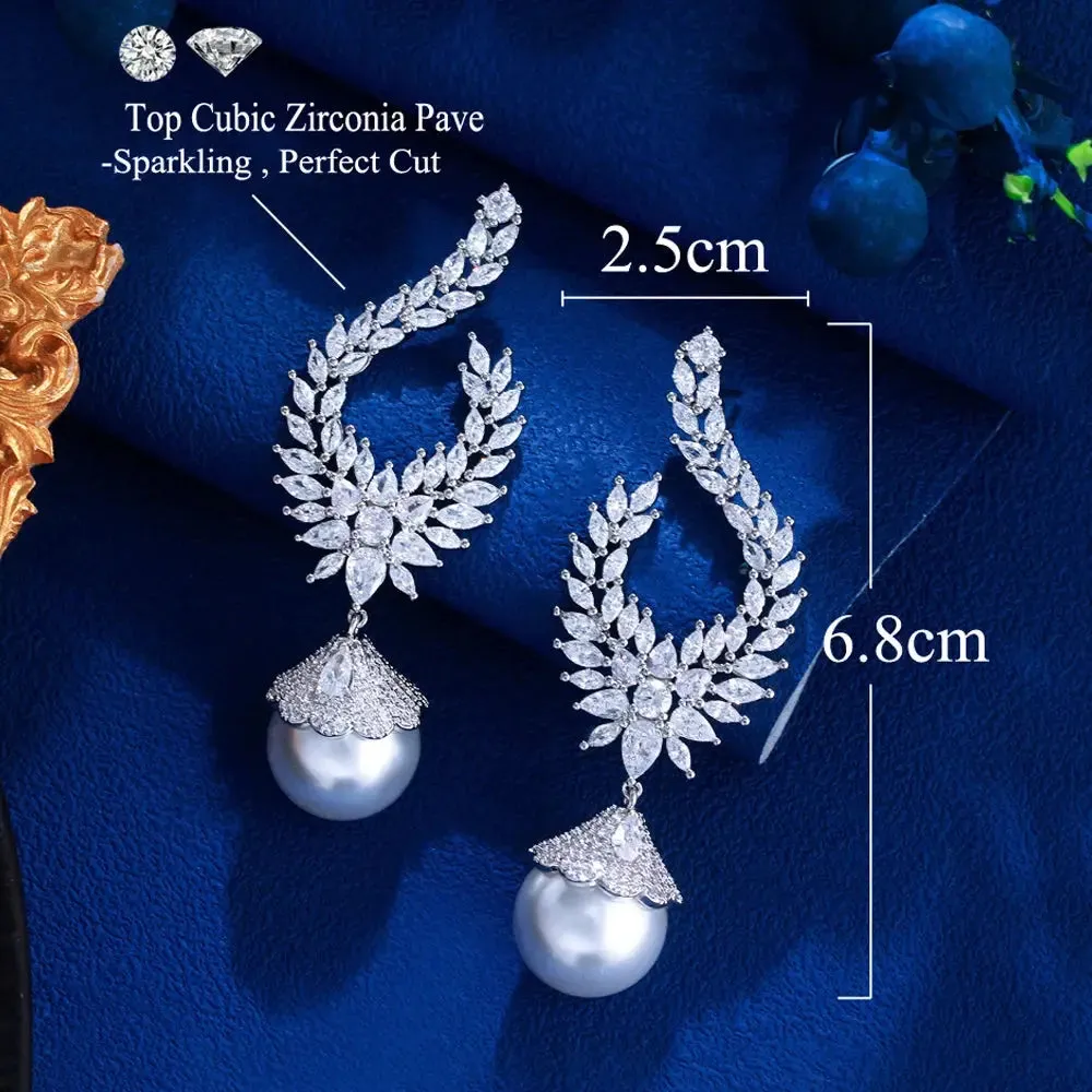 ThreeGraces Elegant Shiny Cubic Zirconia Big Simulated Pearl Long Statement Bridal Earrings Women Wedding Party Jewelry