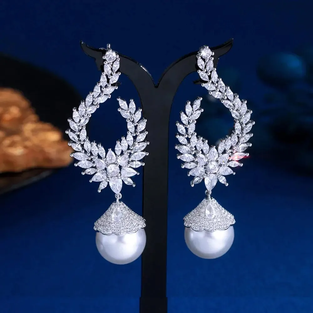 ThreeGraces Elegant Shiny Cubic Zirconia Big Simulated Pearl Long Statement Bridal Earrings Women Wedding Party Jewelry