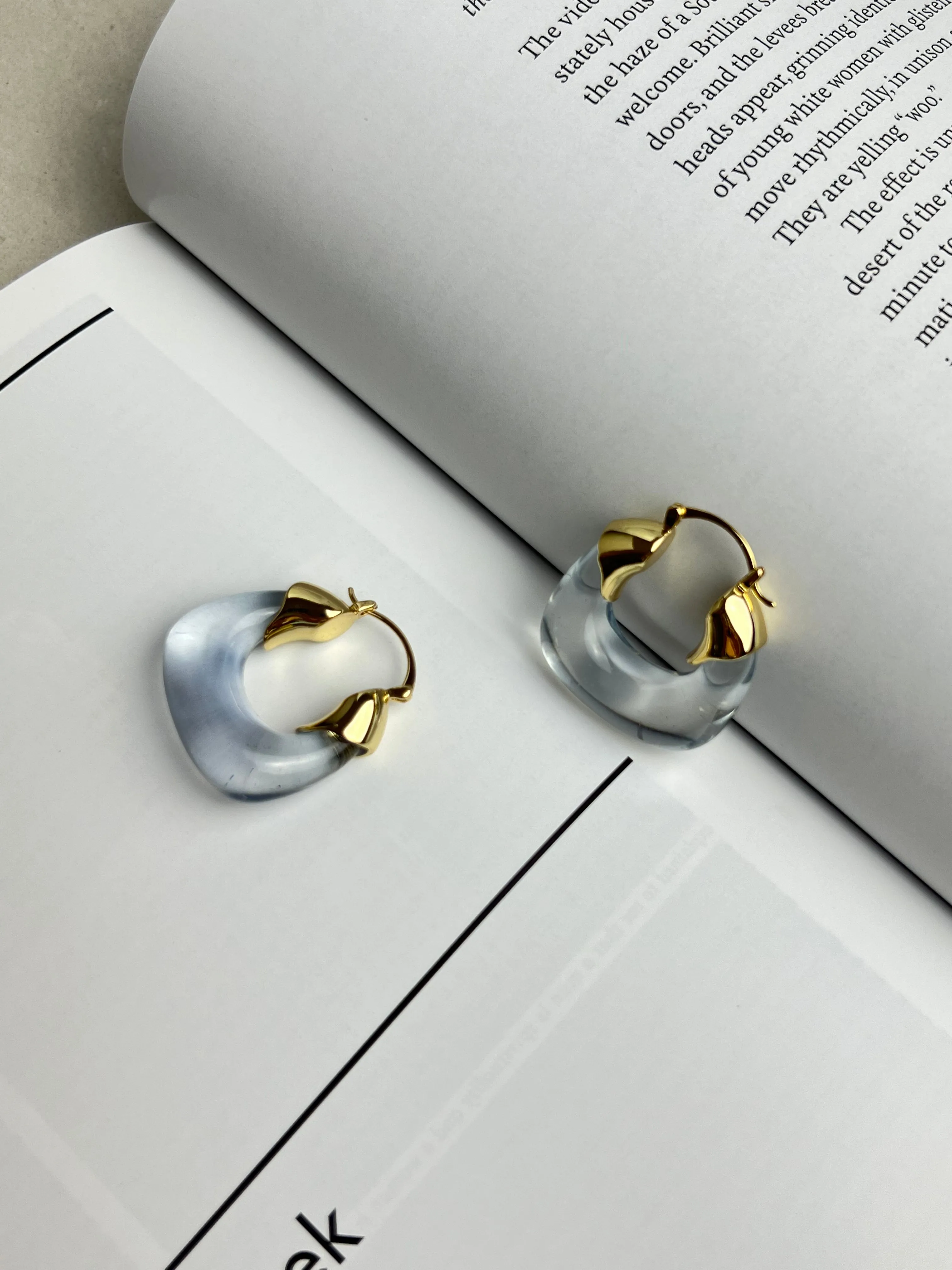 Translucent Aqua Blue Resin Gold Hoop Earrings