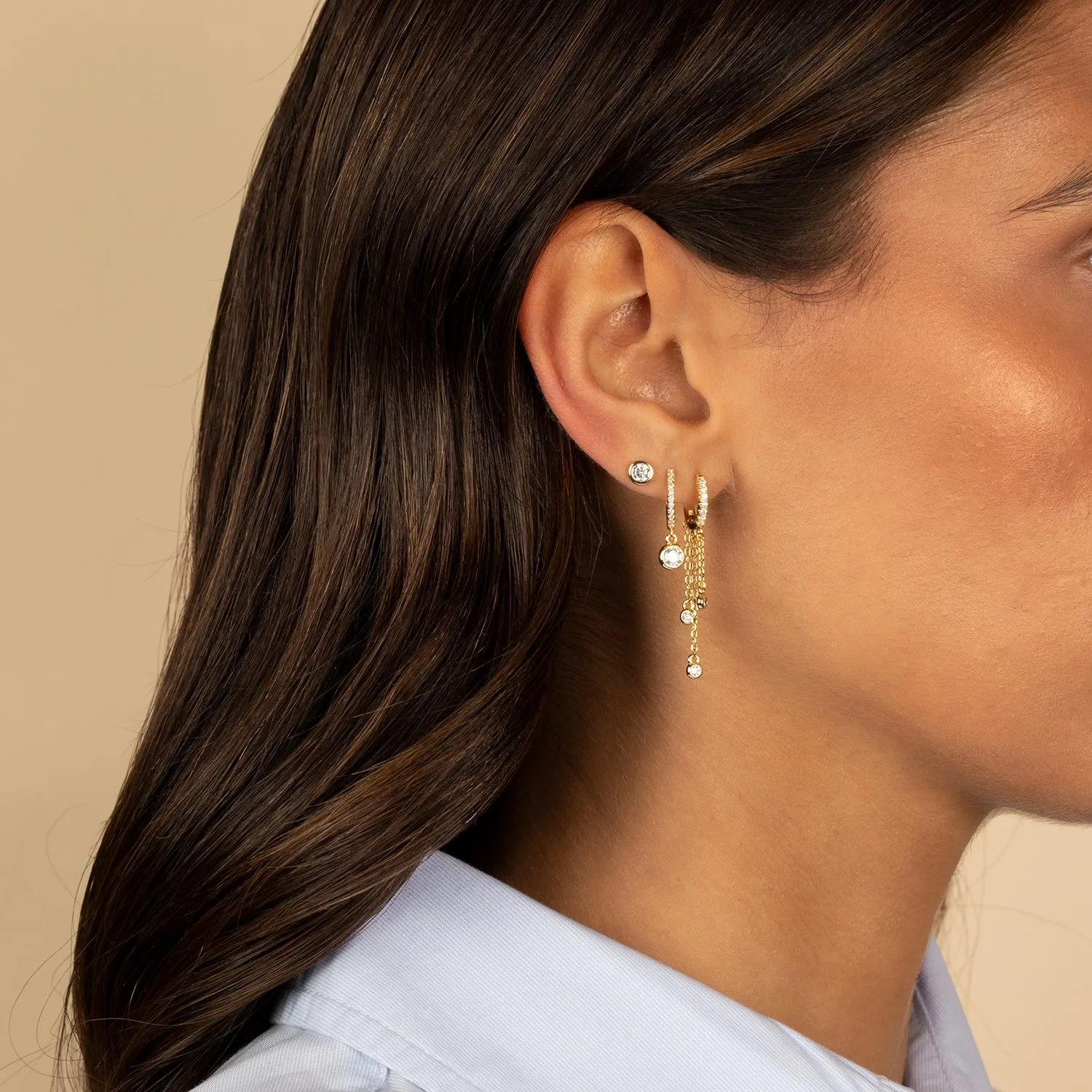 Triple CZ Drop Chain Huggie Earring