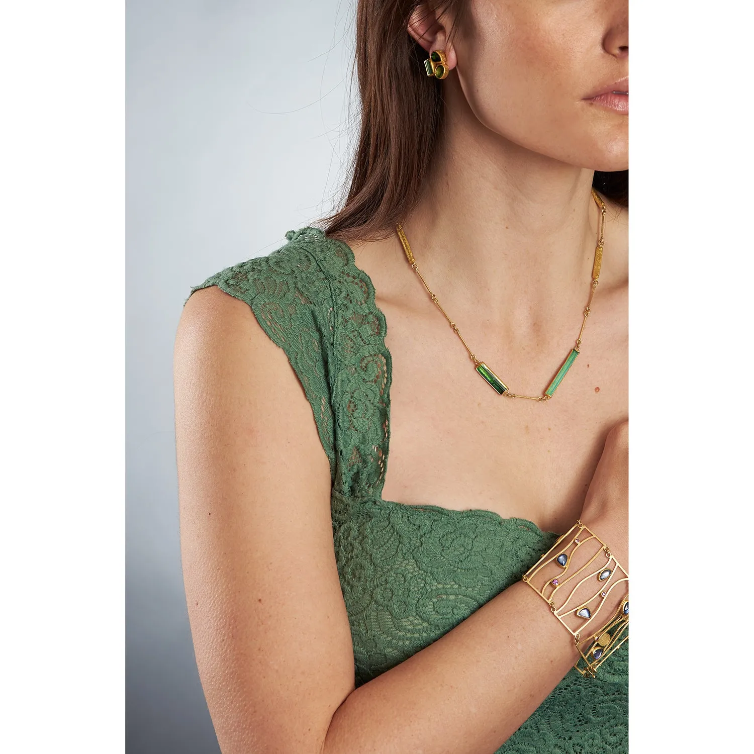 Triple Green Tourmaline Drop and Oval Earrings