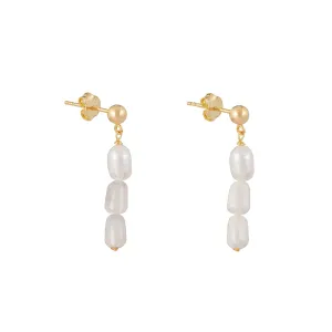 Triple Pearl Drop Earrings: Gold