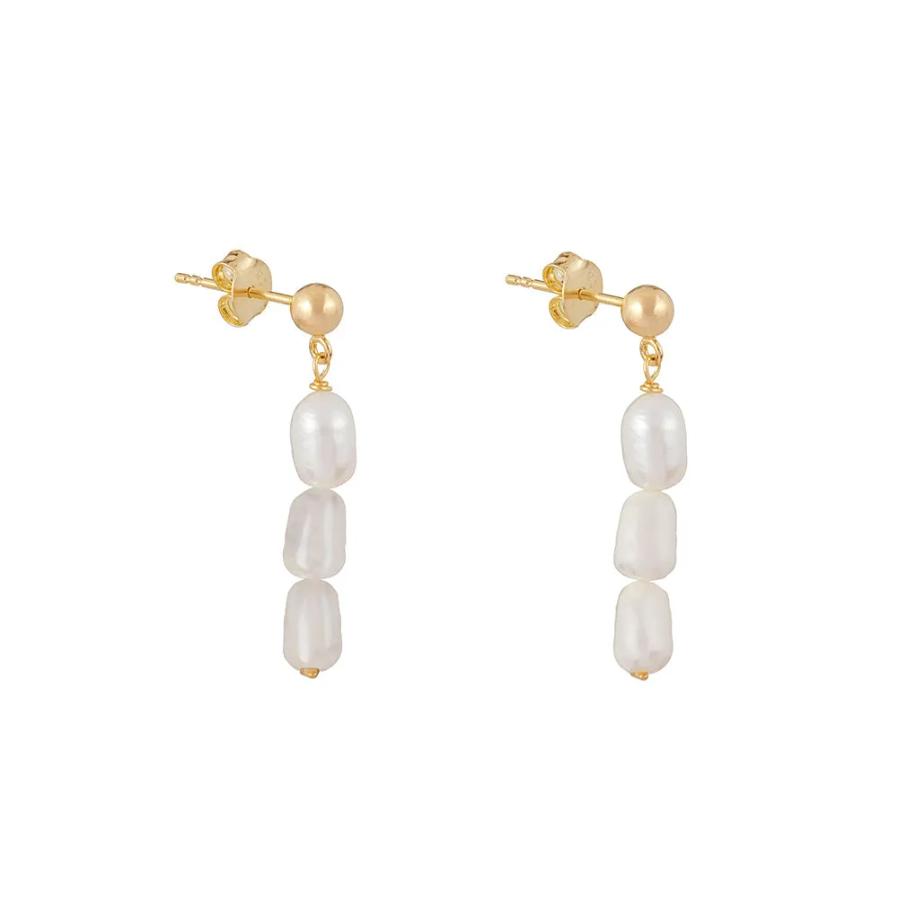 Triple Pearl Drop Earrings: Gold