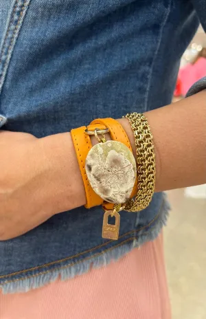 Triple Wrap Orange Leather Bracelet with White Agathe Stone