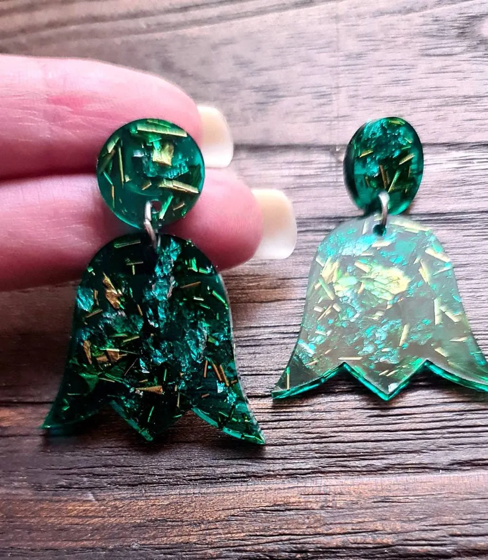 Tulip Resin Earrings, Dangle Earrings, Green Blue Silver Gold Leaf Mix Resin Flower Dangle Earrings, Stainless Steel Earrings