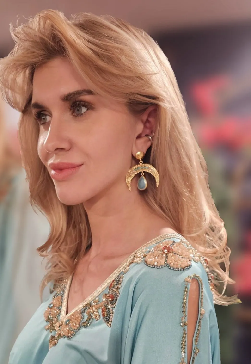 Turquoise and Pearl Cresent Horn Earrings