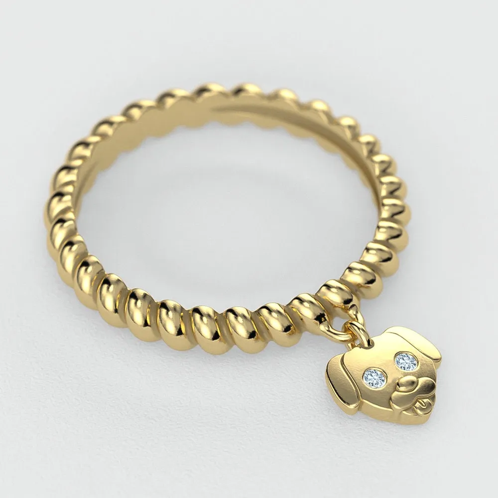 Twisted Dangle Doggy Diamond  Ring by TinyBling available in Sterling Silver, 14k Yellow Gold, White Gold, or Rose Gold.