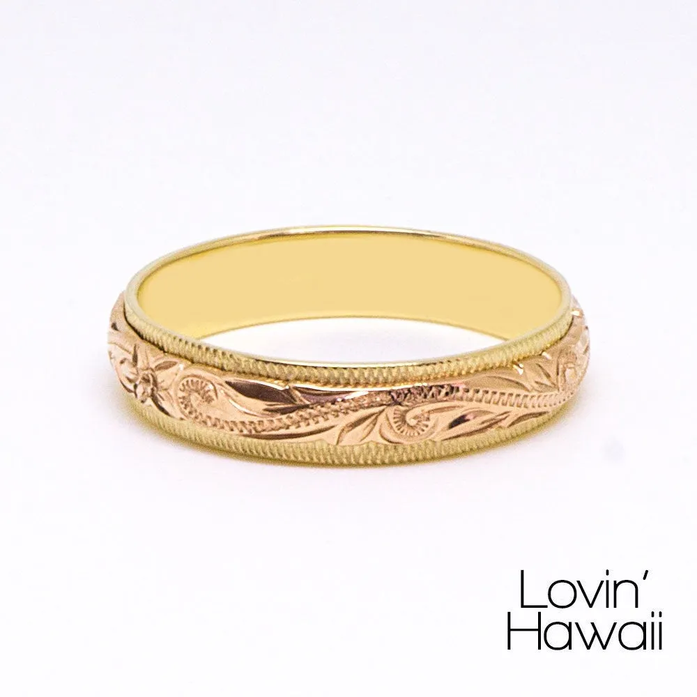 Two Tone Gold Hawaiian Ring, Engraved With Traditional Hawaiian Design, (6mm Width)