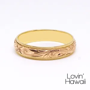 Two Tone Gold Hawaiian Ring, Engraved With Traditional Hawaiian Design, (6mm Width)