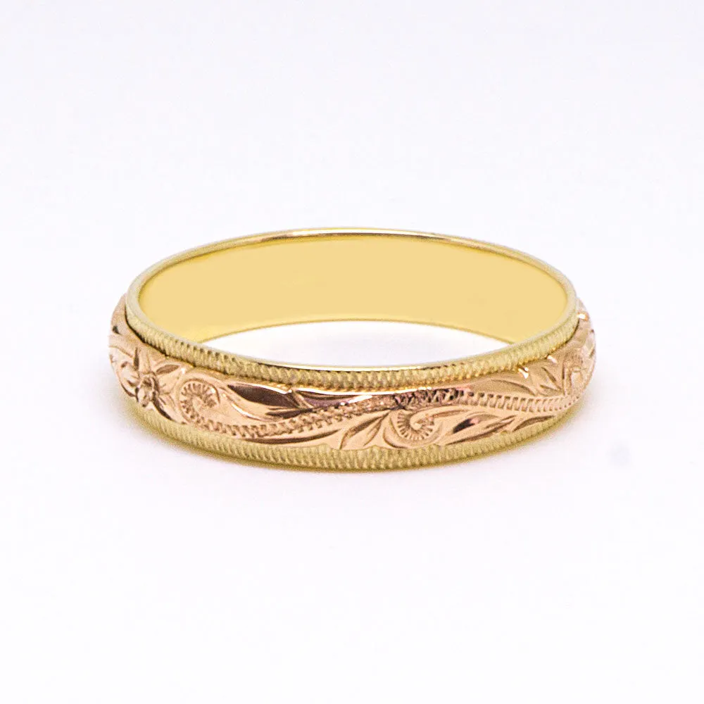 Two Tone Gold Hawaiian Ring, Engraved With Traditional Hawaiian Design, (6mm Width)