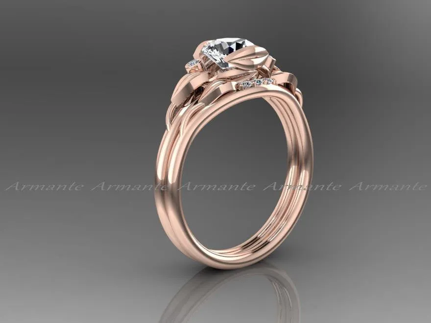 Unique Wedding Ring Set, Flower Leaf Engagement Rings