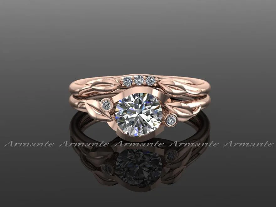 Unique Wedding Ring Set, Flower Leaf Engagement Rings