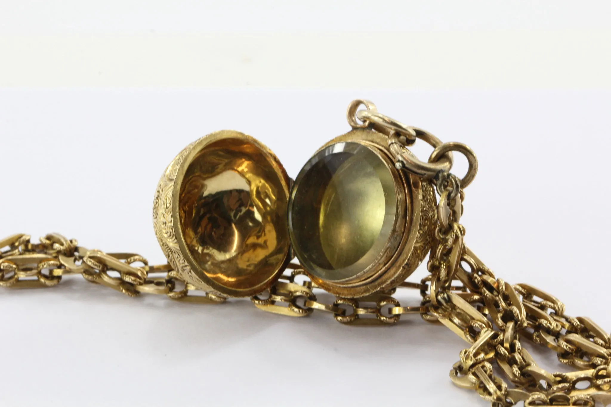Victorian 18K Gold Ball Locket Pendant on 14K Gold Chain