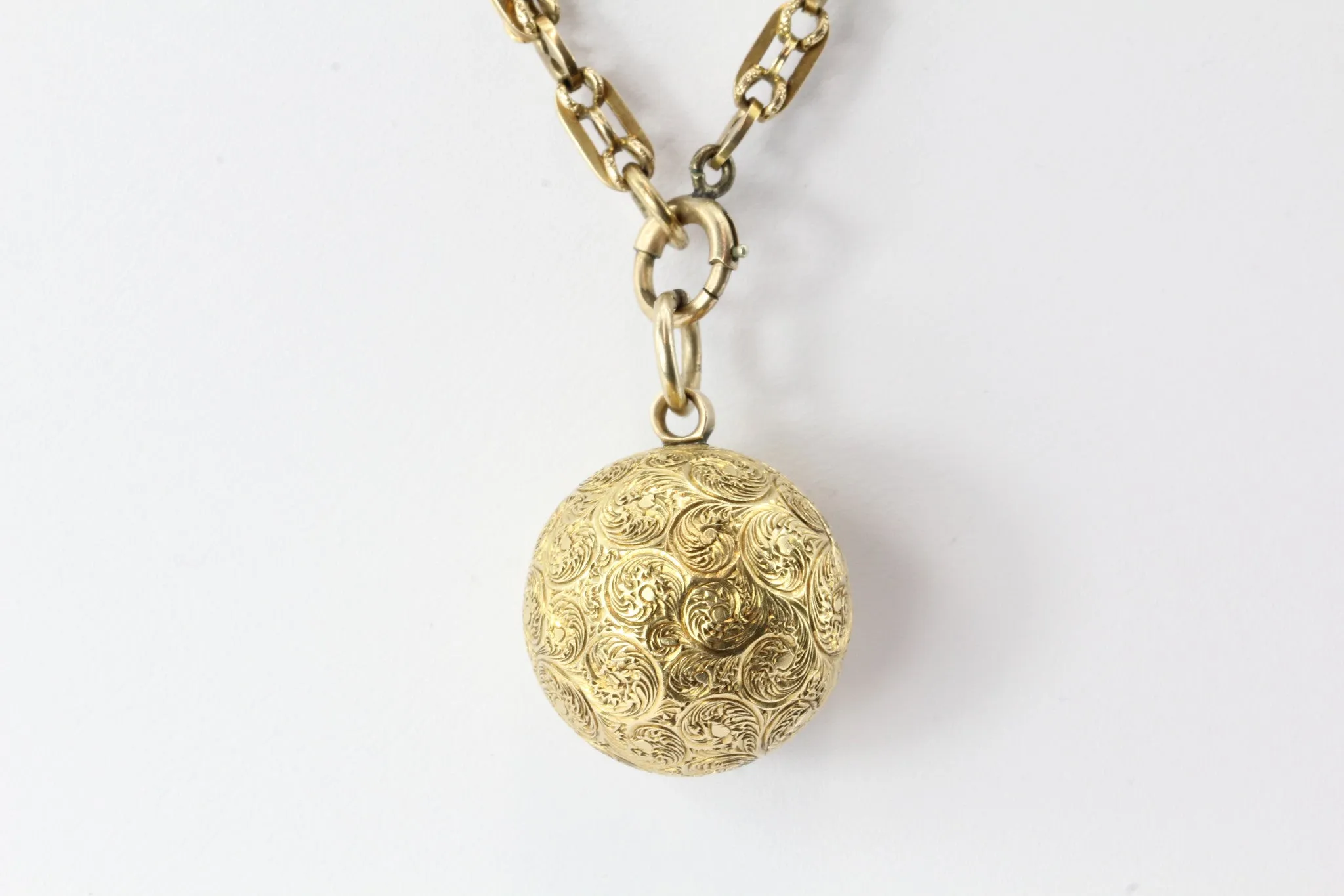 Victorian 18K Gold Ball Locket Pendant on 14K Gold Chain