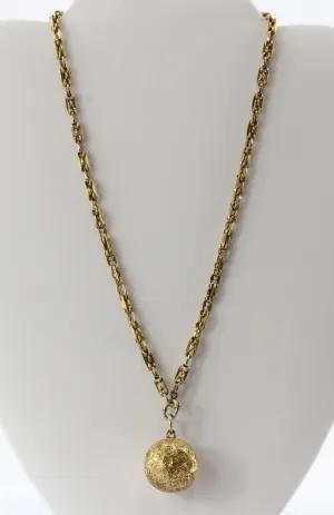 Victorian 18K Gold Ball Locket Pendant on 14K Gold Chain
