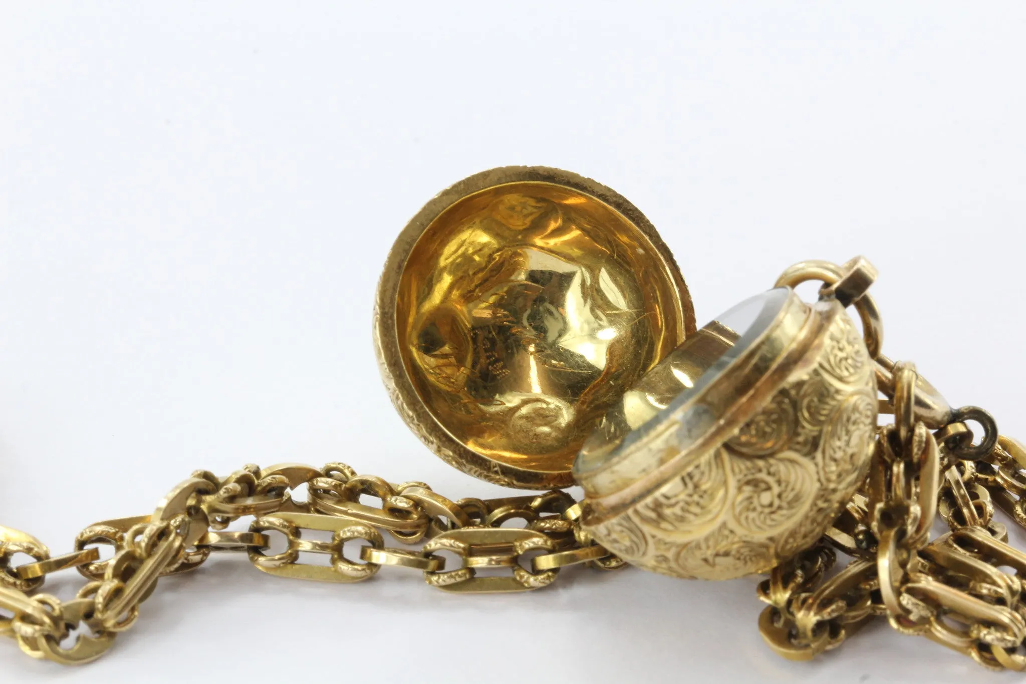 Victorian 18K Gold Ball Locket Pendant on 14K Gold Chain