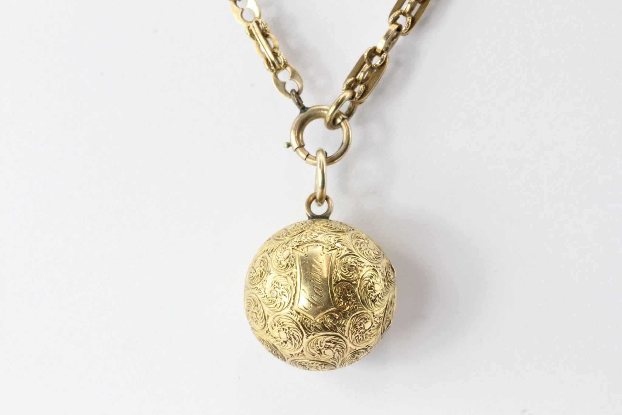 Victorian 18K Gold Ball Locket Pendant on 14K Gold Chain