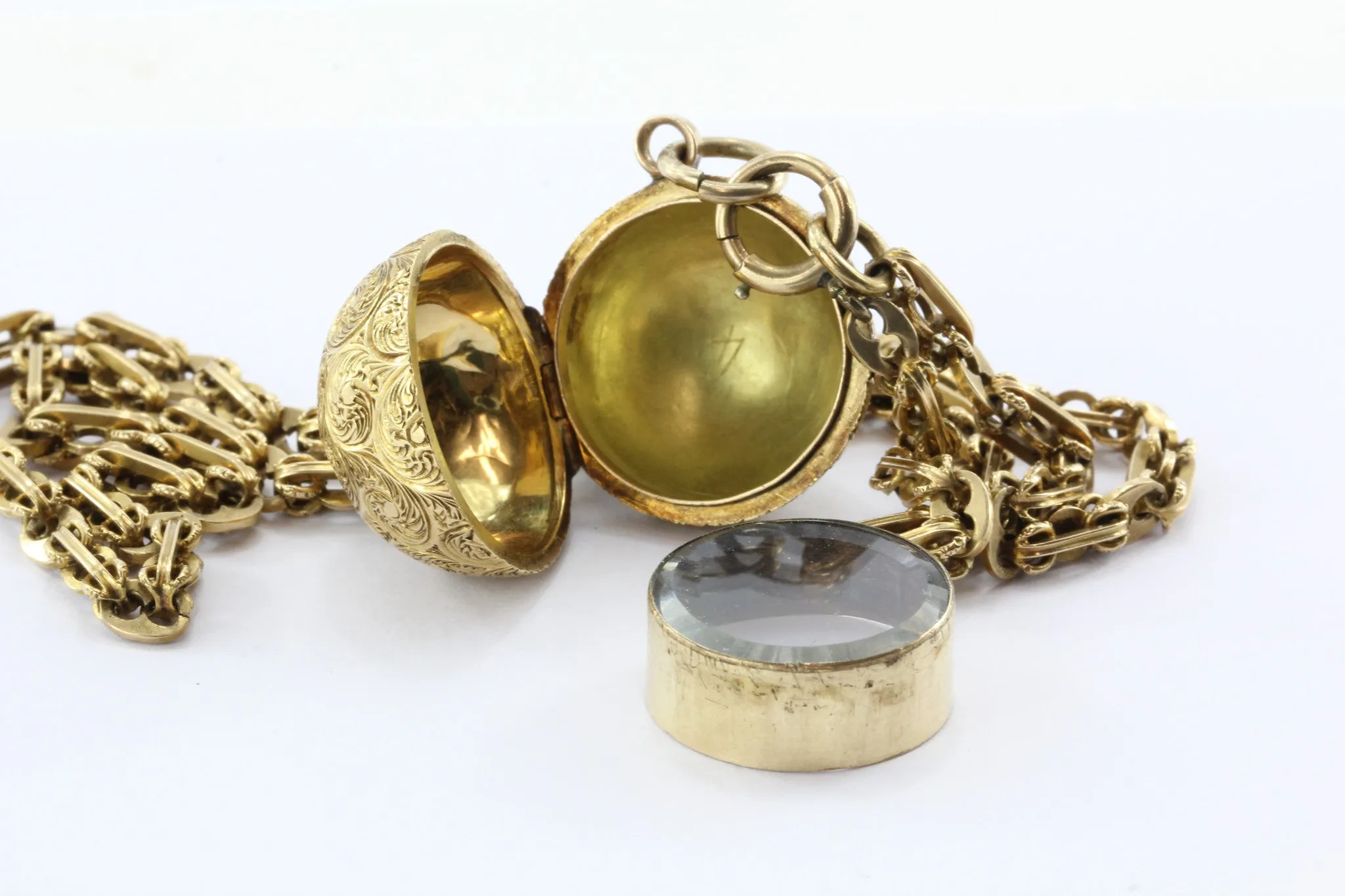 Victorian 18K Gold Ball Locket Pendant on 14K Gold Chain