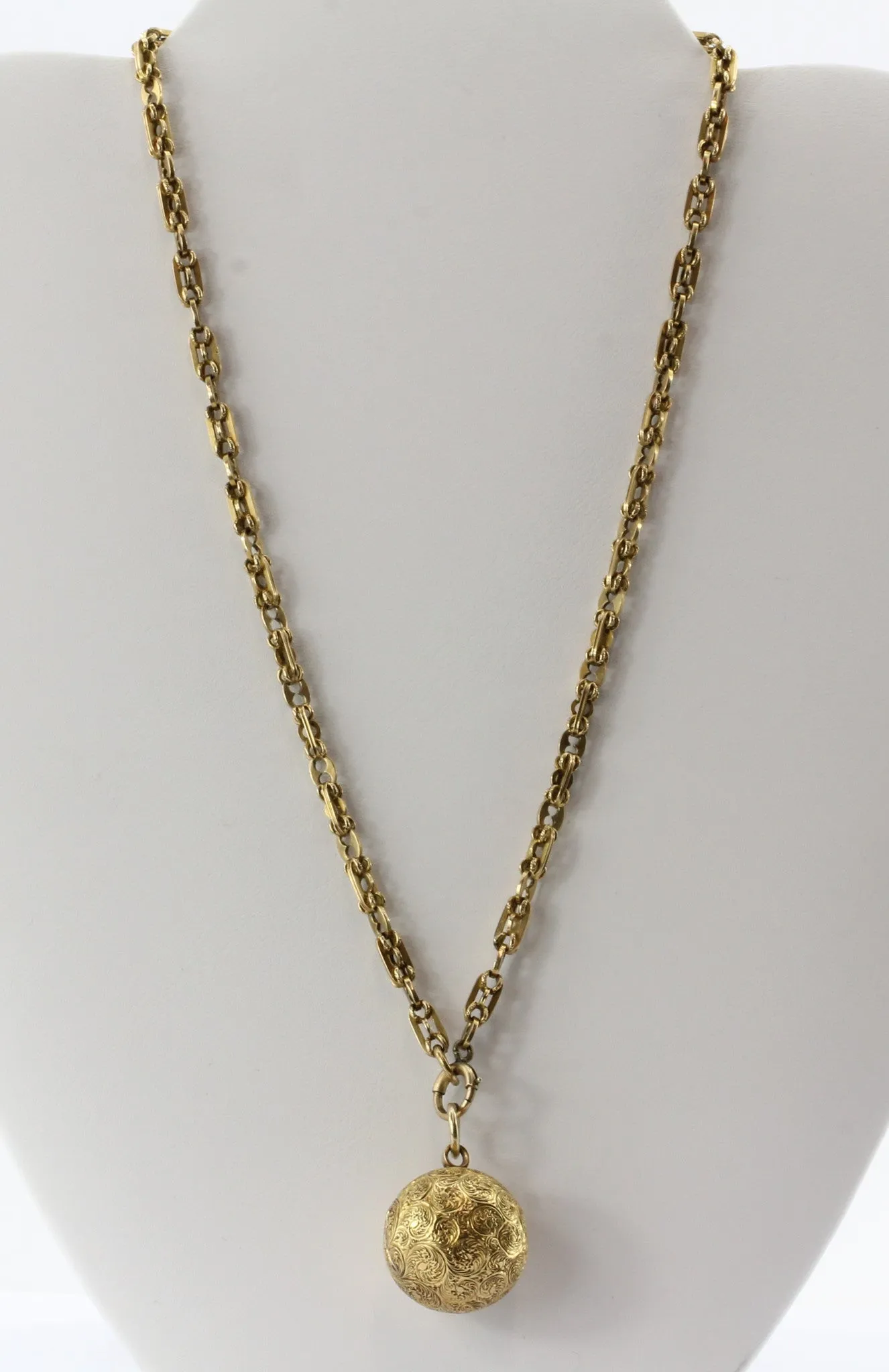 Victorian 18K Gold Ball Locket Pendant on 14K Gold Chain