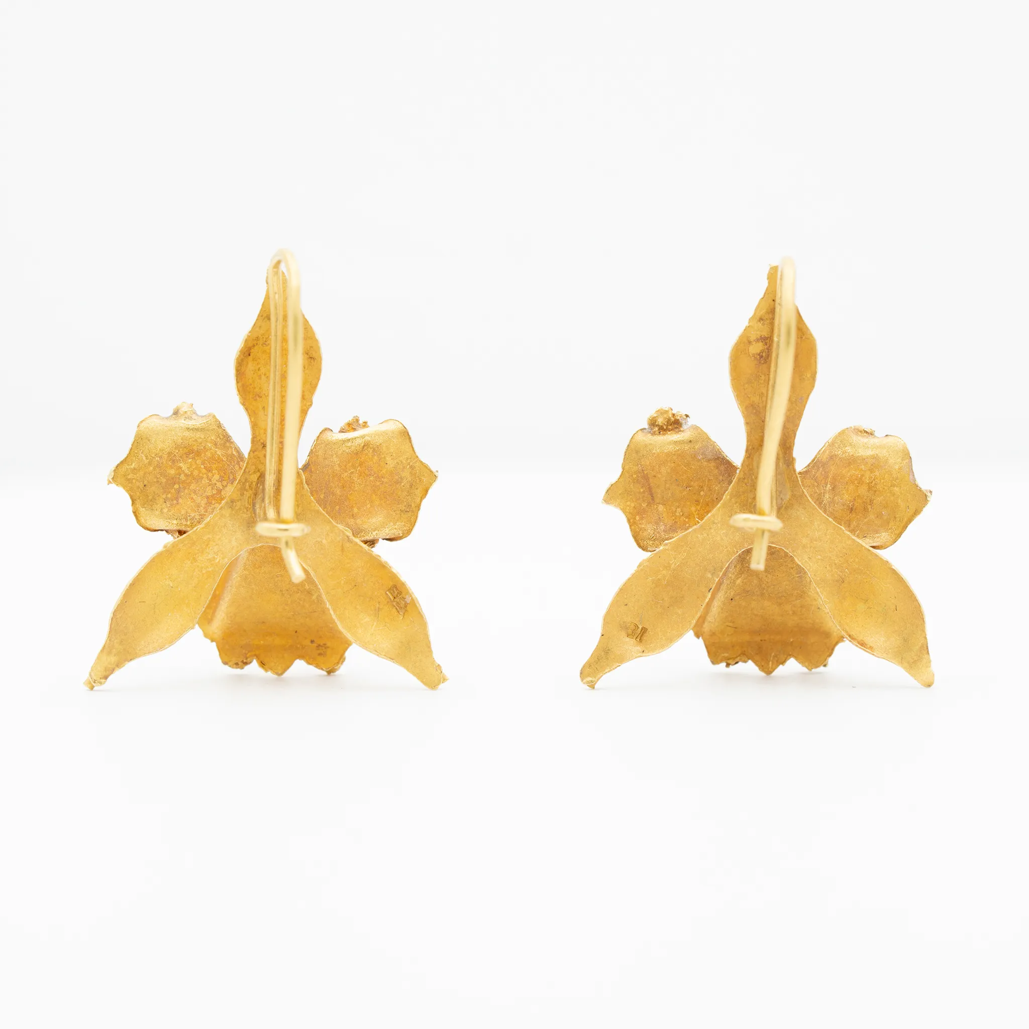 VICTORIAN 18K YELLOW GOLD AND PEARL ORCHID EARRINGS C.1880s