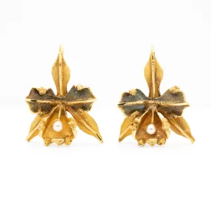 VICTORIAN 18K YELLOW GOLD AND PEARL ORCHID EARRINGS C.1880s