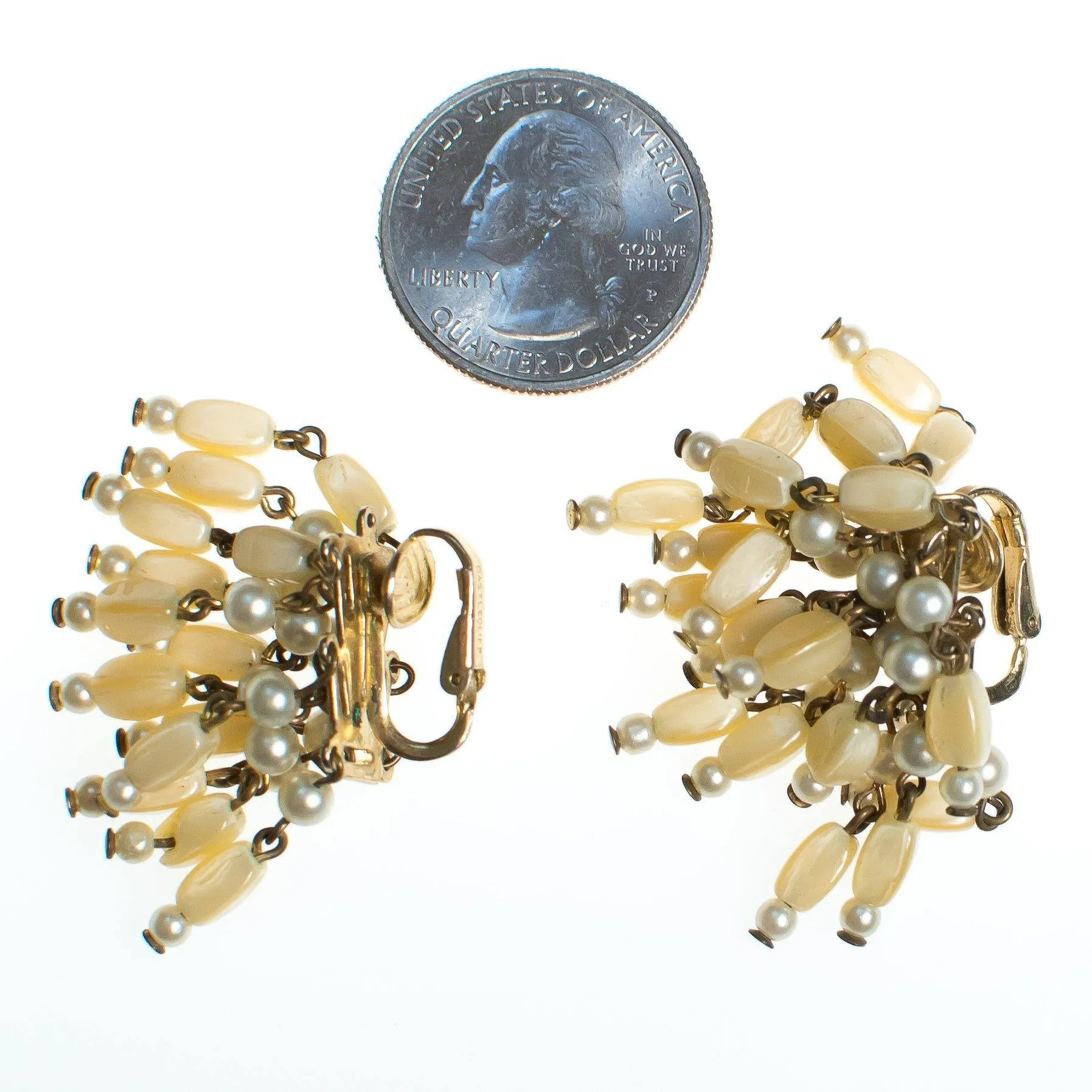 Vintage 1940s Designer Castlecliff Mother of Pearl Tassel Beaded Cha Cha Earrings