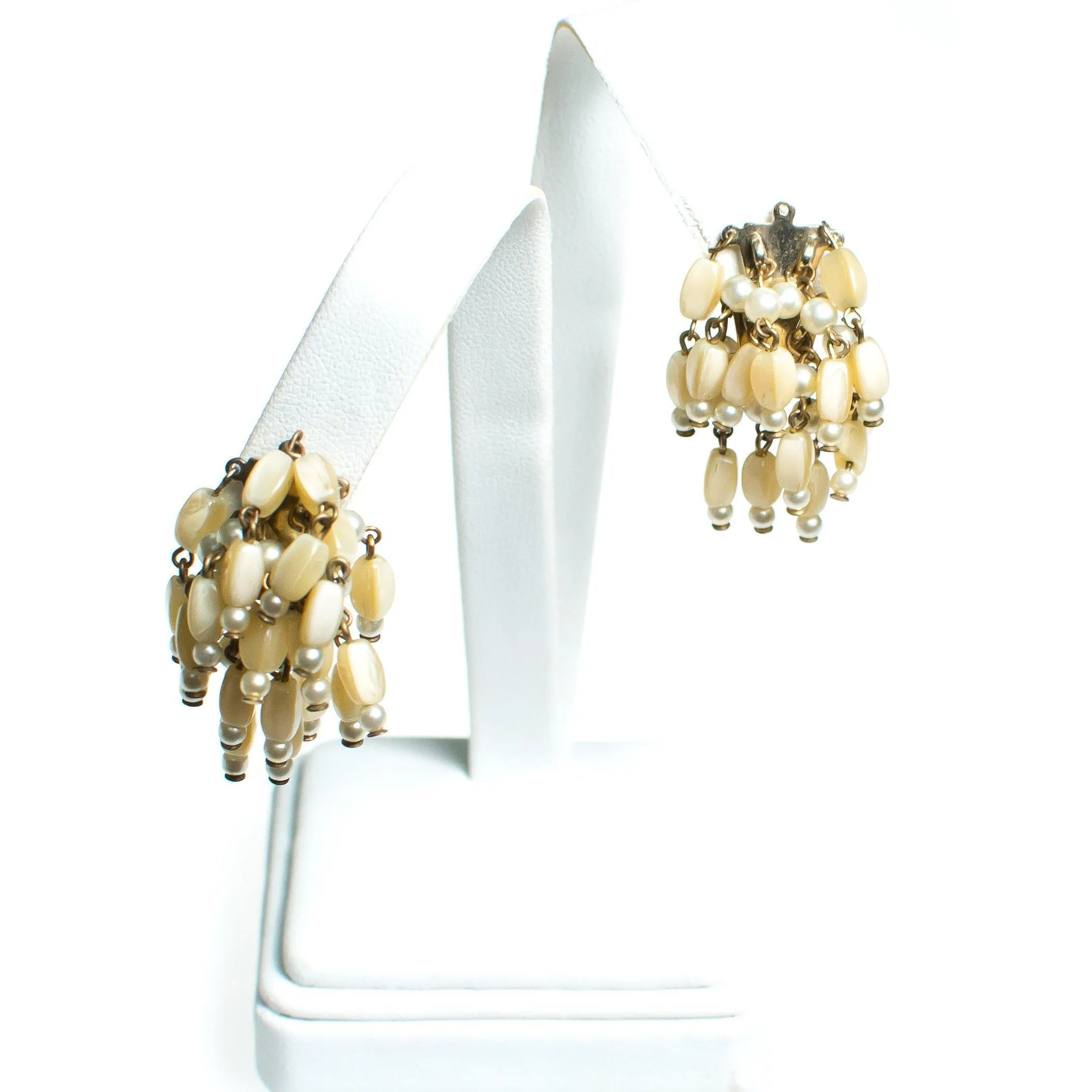 Vintage 1940s Designer Castlecliff Mother of Pearl Tassel Beaded Cha Cha Earrings