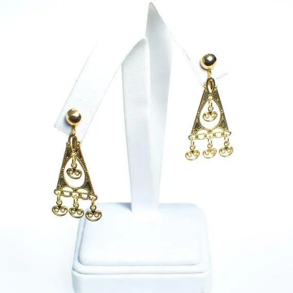 Vintage Bohemian Chic Gold Geometric Filigree Dangling Charm Earrings New Old Stock Clip On