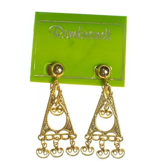 Vintage Bohemian Chic Gold Geometric Filigree Dangling Charm Earrings New Old Stock Clip On