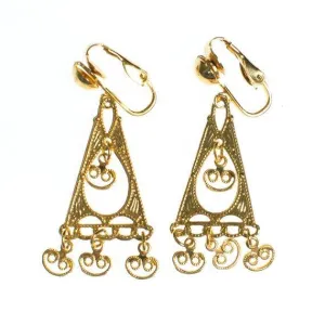 Vintage Bohemian Chic Gold Geometric Filigree Dangling Charm Earrings New Old Stock Clip On