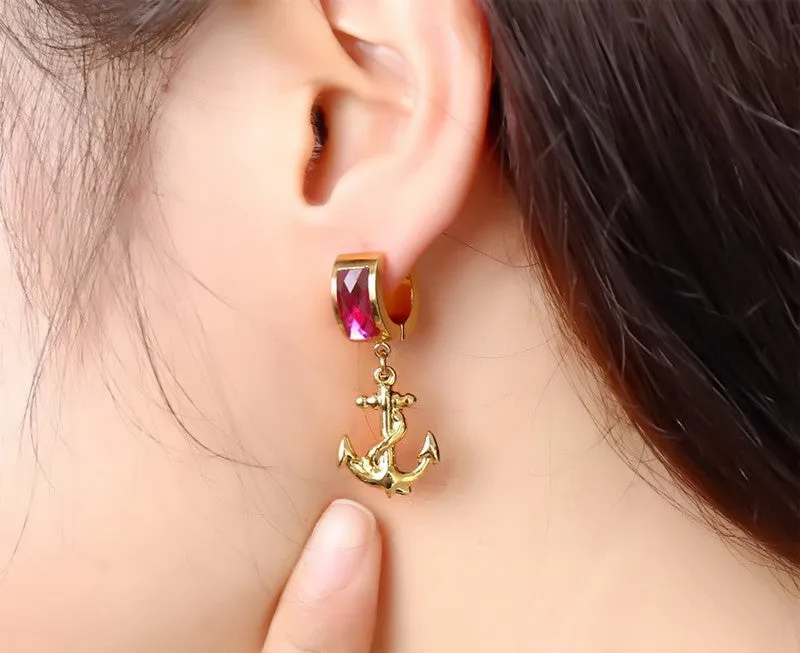 Vintage drop earrings for women gold plated stainless steel anchor hanging dangle wedding earrings with stones